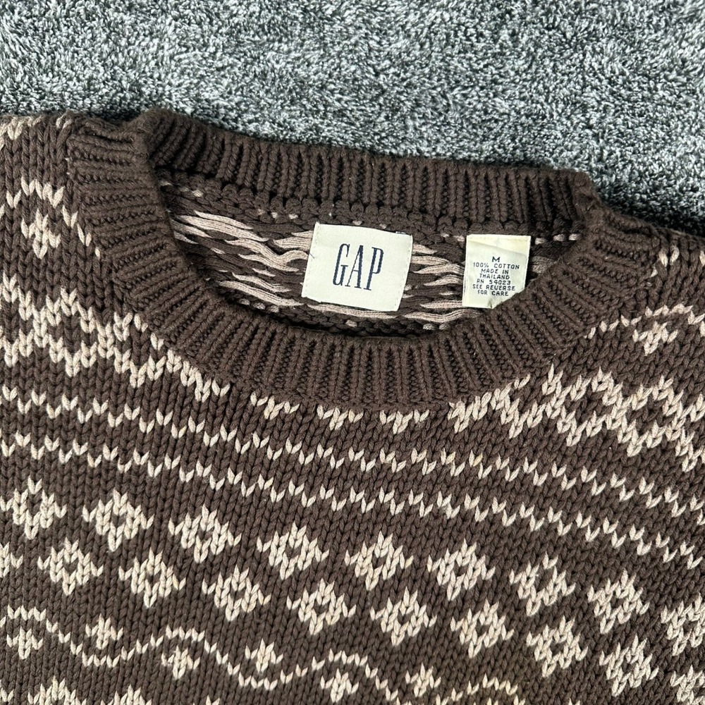 Gap Sweater Men M Fair Isle Brown Geometric 100% Cotton Heavyweight Pullover VTG